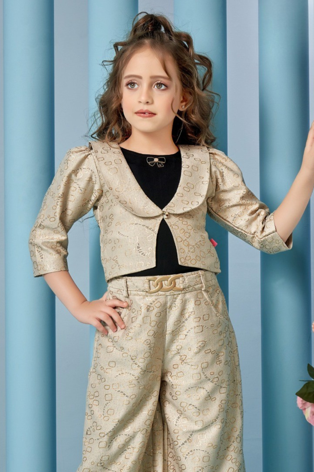 Champagne Gold Printed Jacket Style Top with Wide-Leg Pants Co-Ord Set for Girls