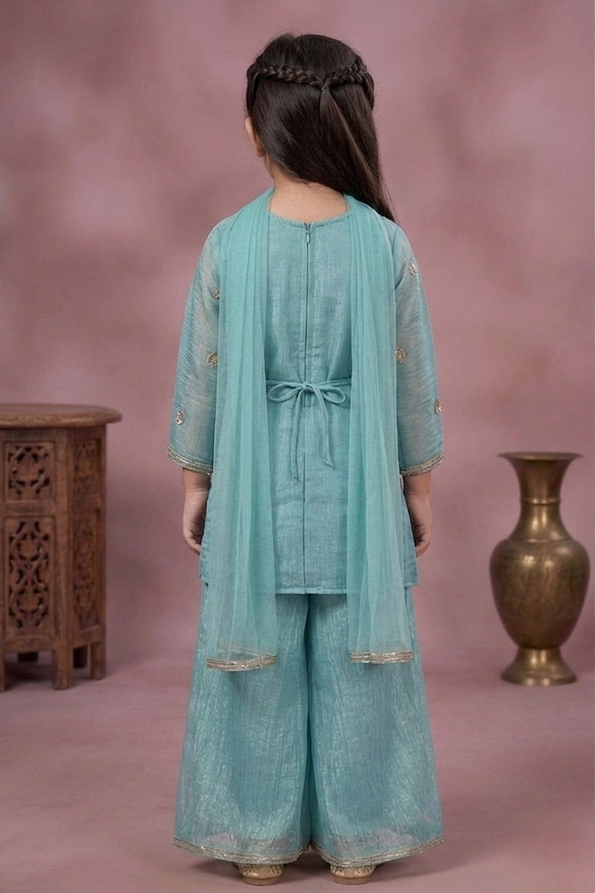 Powder Blue Embroidered Kurta Set for Girls with Dupatta