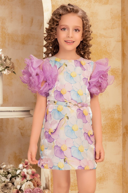 Pastel Floral Body Fit Dress with Ruffle Sleeves for Girls