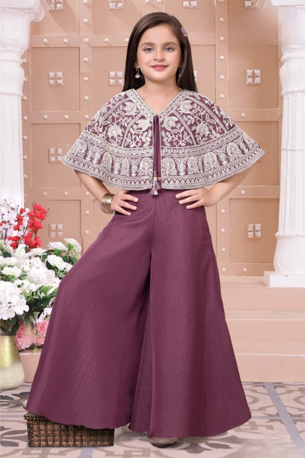 Girls Mauve Embroidered Cape Style Palazzo Set