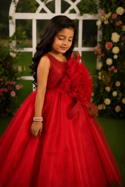 Girls Red Floral Appliqué Party Gown with Layered Tulle Flare