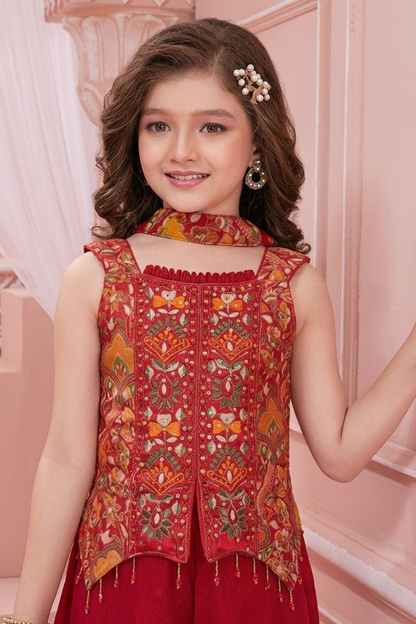 Red Embroidered Crop Top with Palazzo Set for Girls