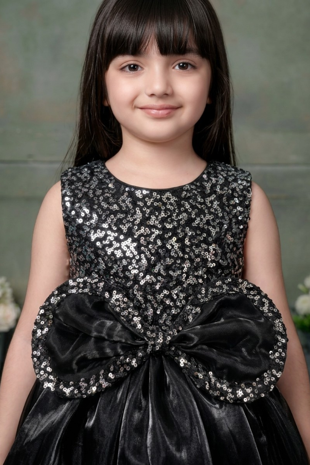 Black Sequin Embellished Party Frock with Statement Bow