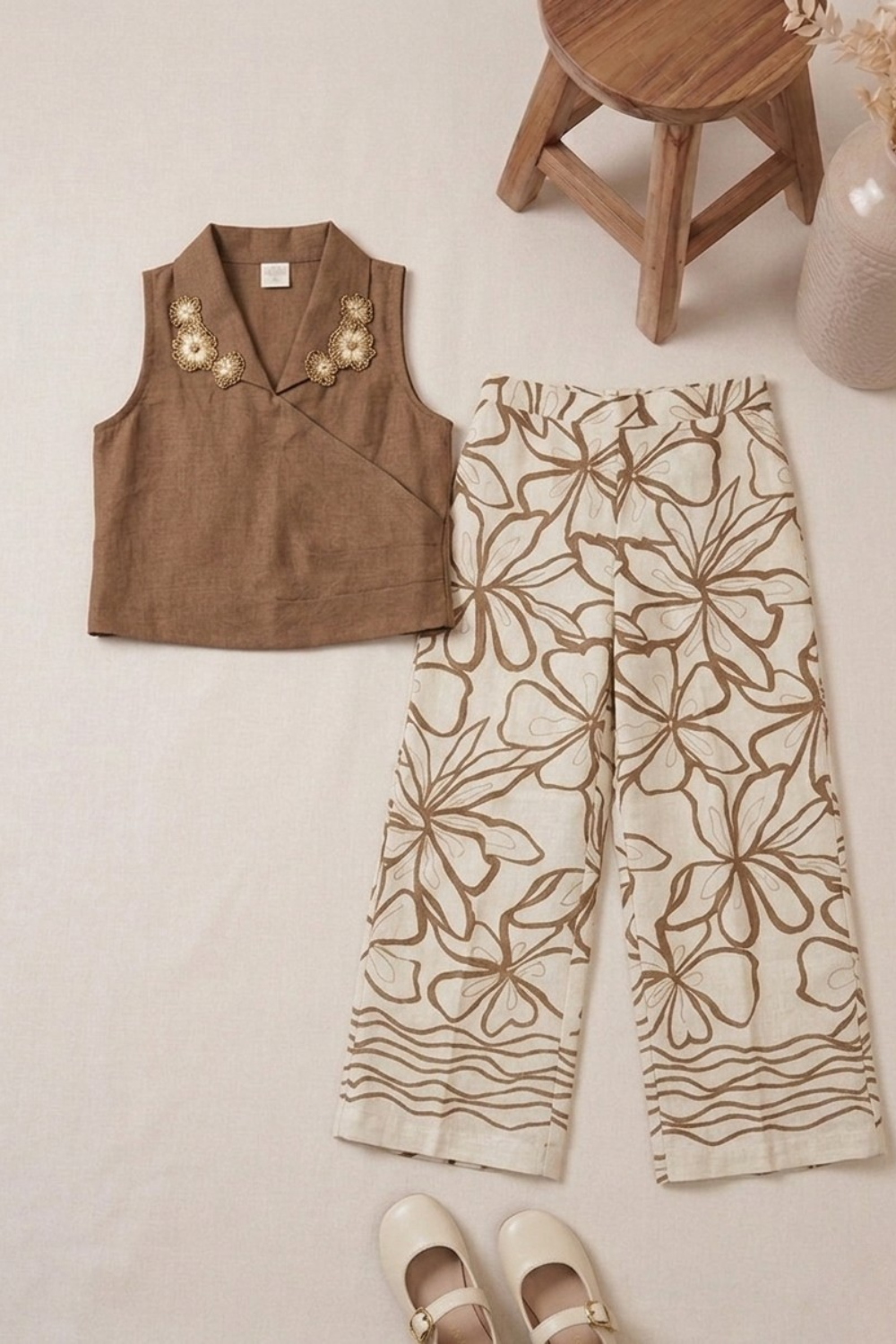 Mocha Brown Embellished Wrap Top & Printed Palazzo Set for Girls