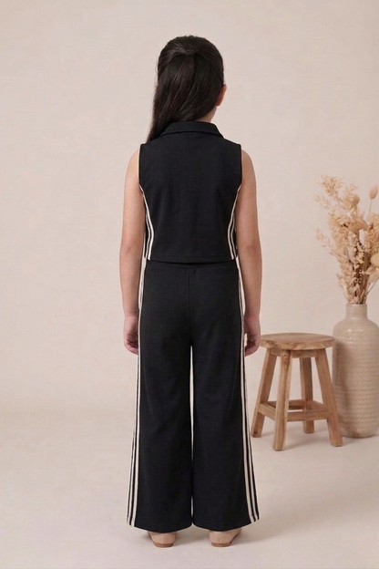 Dark Blue Denim Co-ord Set with Zip-Up Top & Wide-Leg Pants for Girls