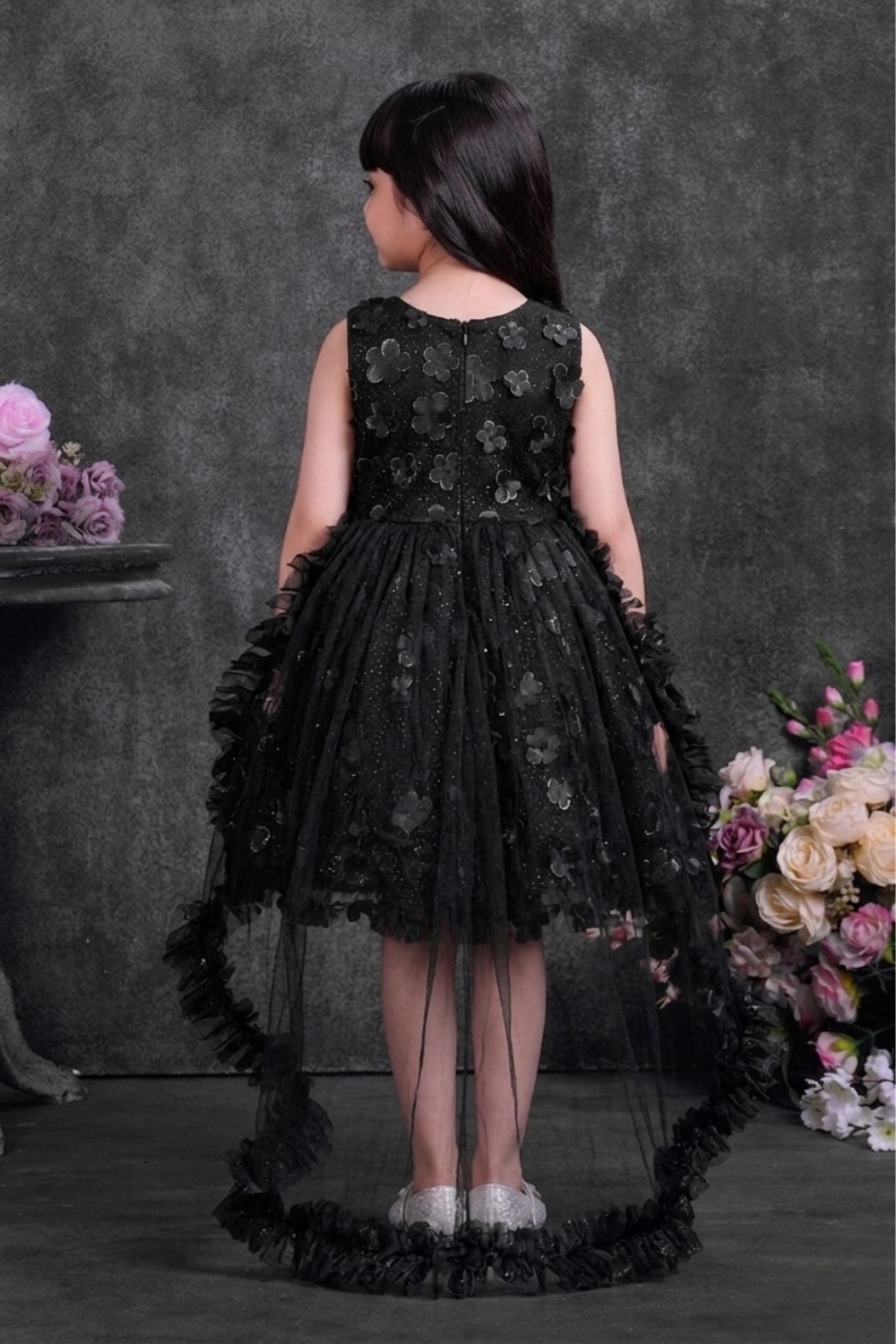 Girls Black Floral Applique Party Frock with Detachable Tail