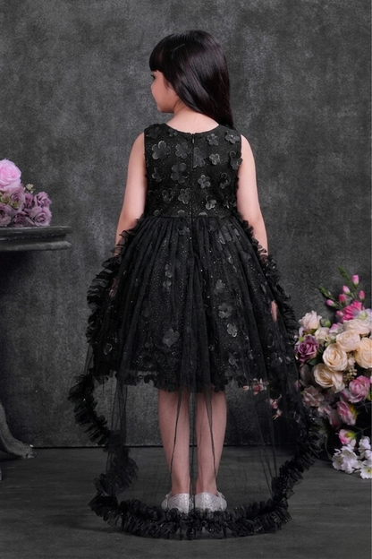 Girls Black Floral Applique Party Frock with Detachable Tail