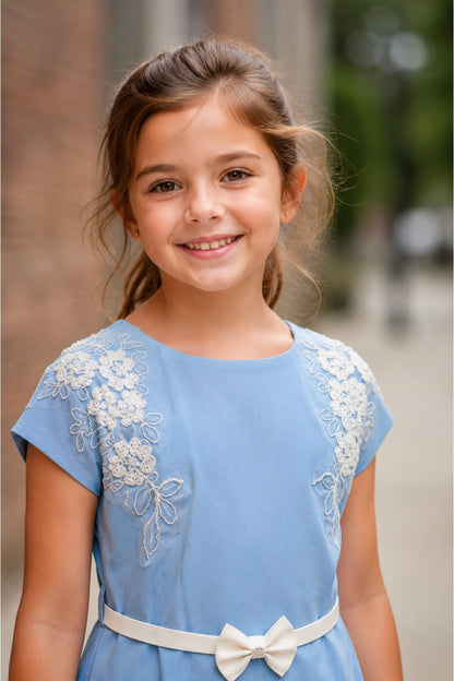 Girls Sky Blue Floral Embroidered A-Line Dress with Bow Belt
