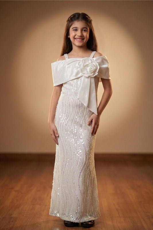 Girls White Sequin Fish Cut Party Gown