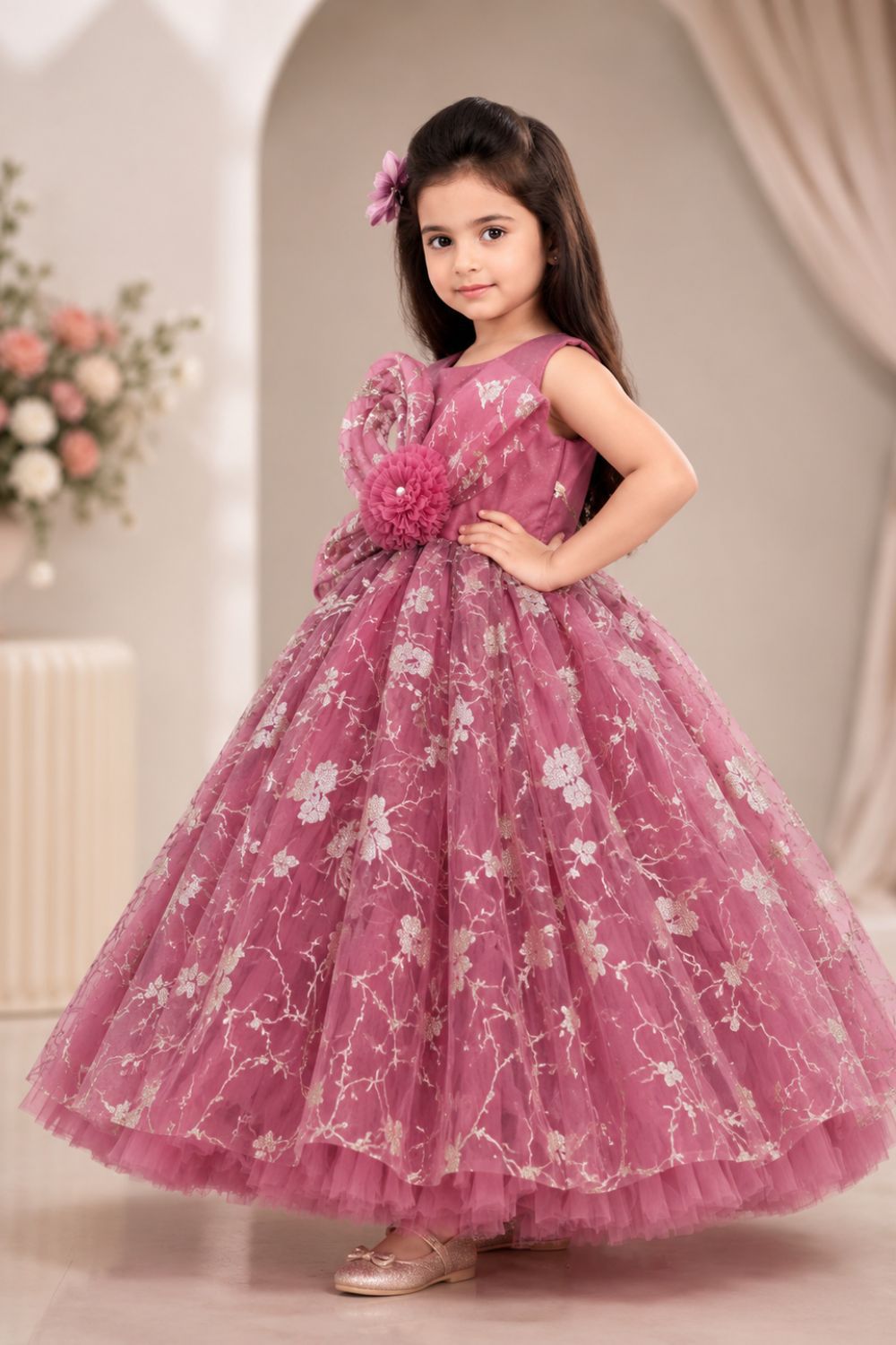 Girls Dusty Rose Floral Embroidered Party Gown with Statement Bow Appliqué