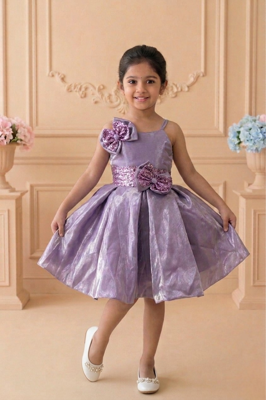 Lilac Shimmer Party Frock with Sequin Bow Embellishments