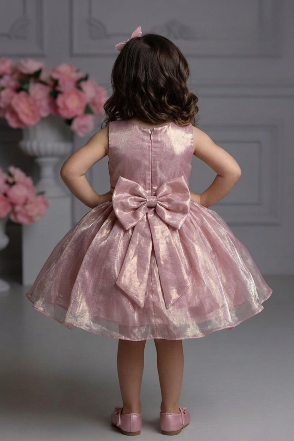 Blush Pink Shimmer Party Frock with Floral Applique & Sequin Bow Detail