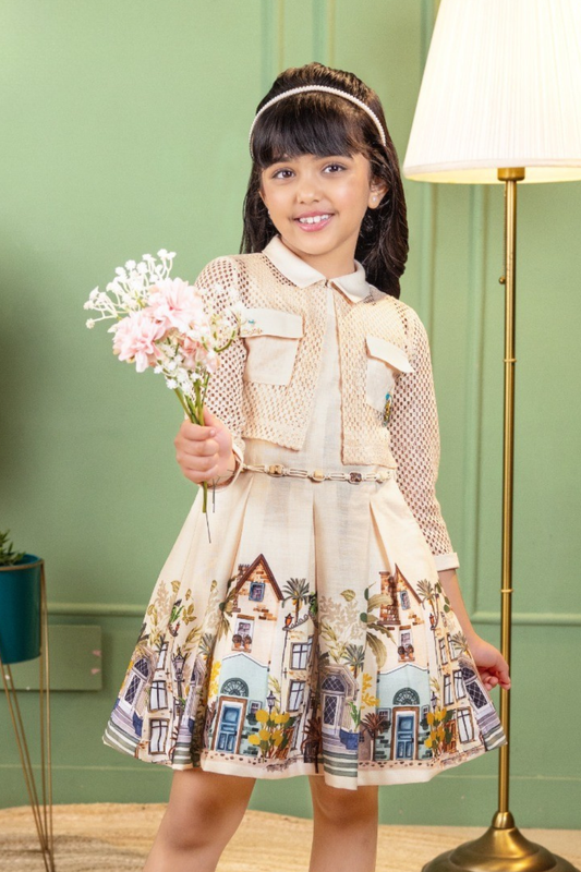 Beige Cotton Linen Printed Dress with Jacket for Girls