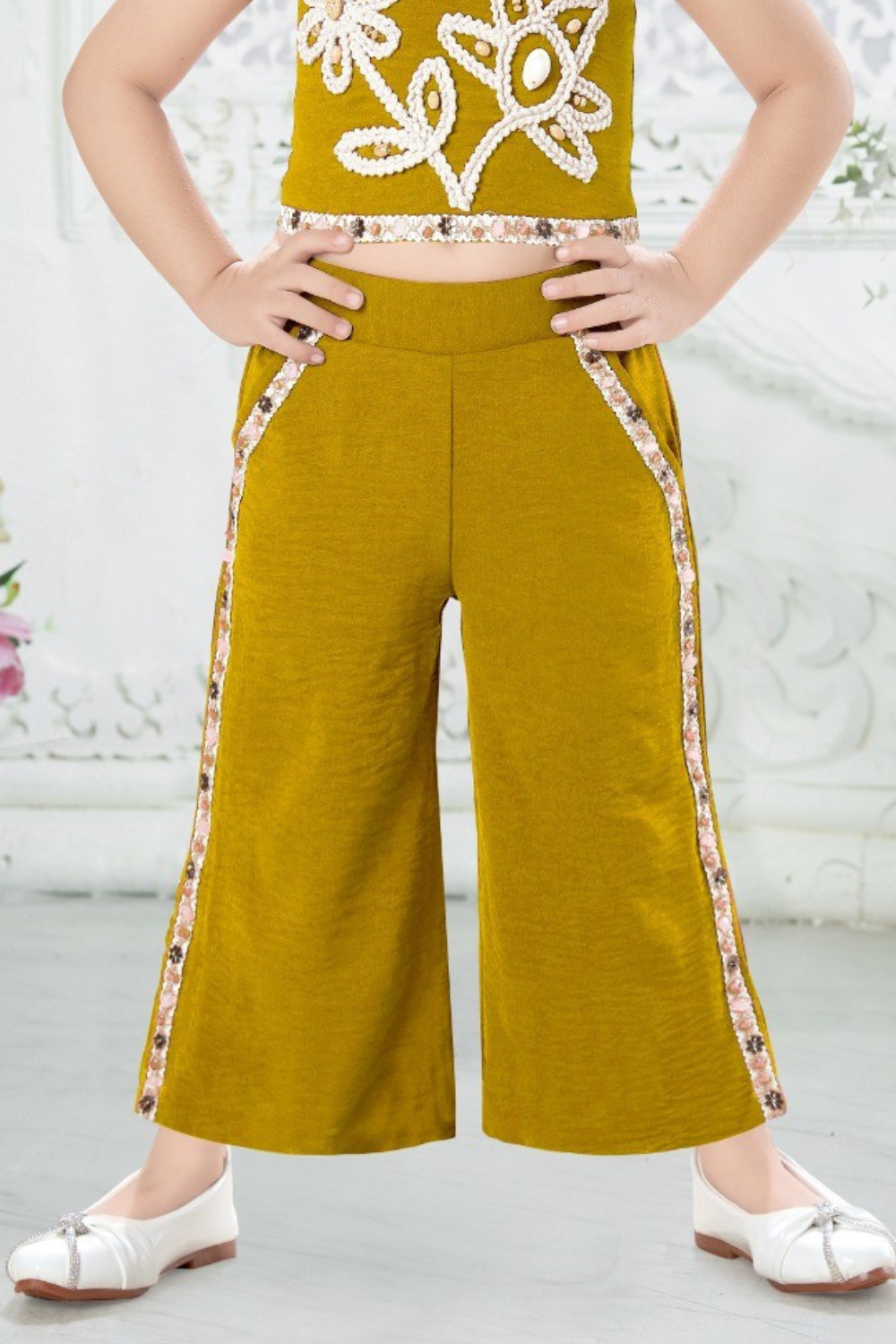 Mustard Yellow Floral Embellished Palazzo Set for Girls – Stylish Western Co-ord