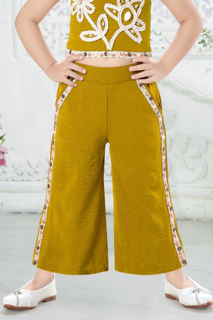 Mustard Yellow Floral Embellished Palazzo Set for Girls – Stylish Western Co-ord
