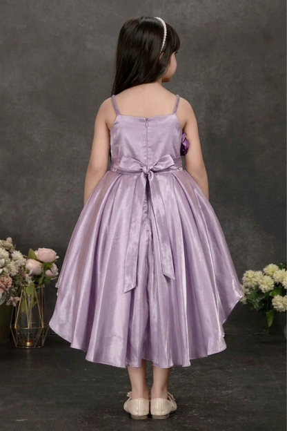 Girls Lavender Satin 3D Floral Party Frock