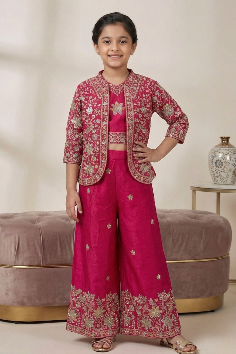 Rani Pink Chinon Palazzo Set with Embroidered Jacket for girls