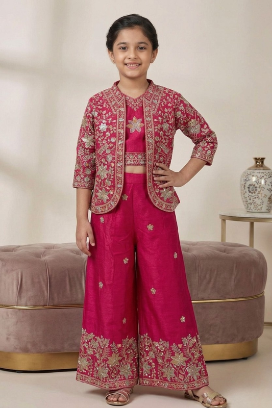 Rani Pink Chinon Palazzo Set with Embroidered Jacket for girls