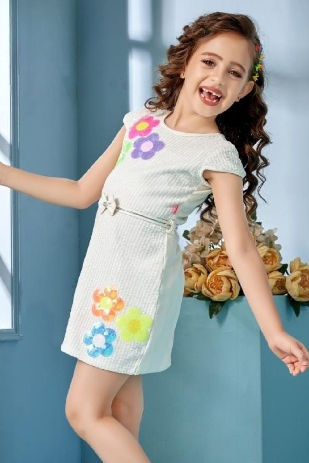 White Base Sequin Body Fit Dress for Girls