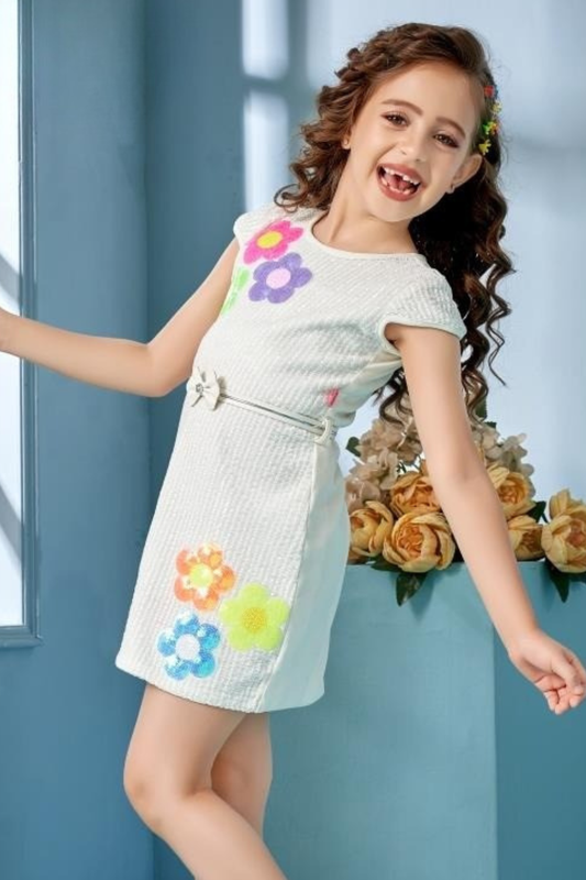 White Base Sequin Body Fit Dress for Girls