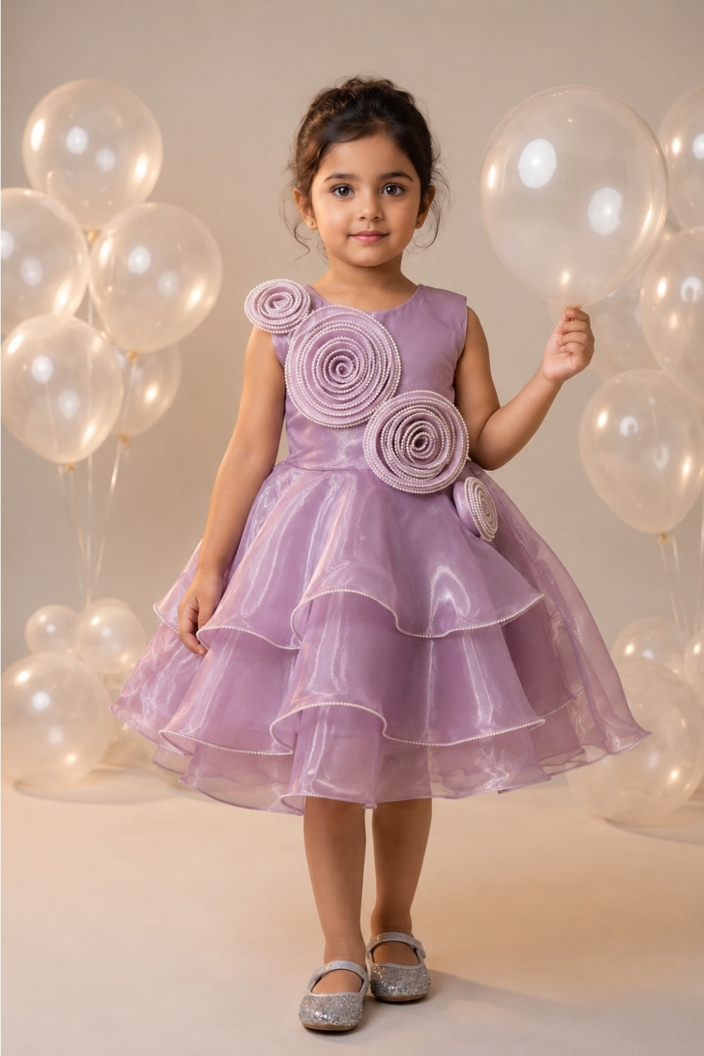 Girls Lilac Organza Floral Party Dress with Layered Ruffle Skirt