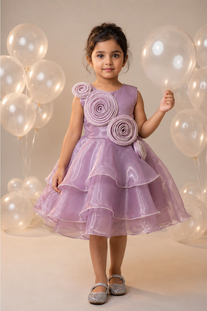 Girls Lilac Organza Floral Party Dress with Layered Ruffle Skirt