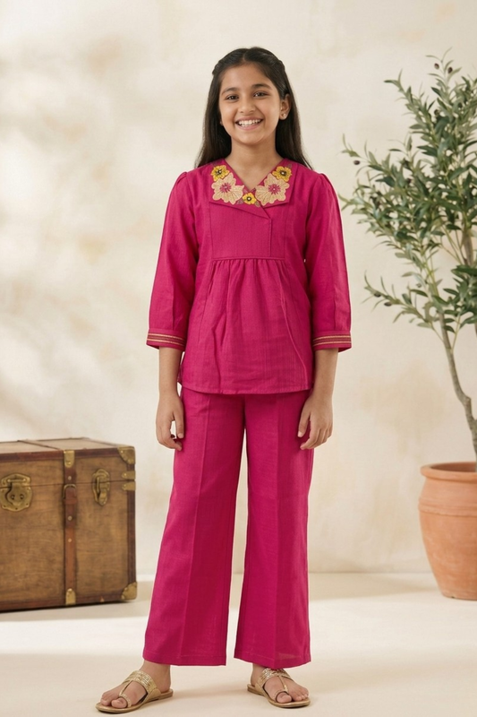 Raspberry Pink Embroidered Top & Straight Pant Set for Girls