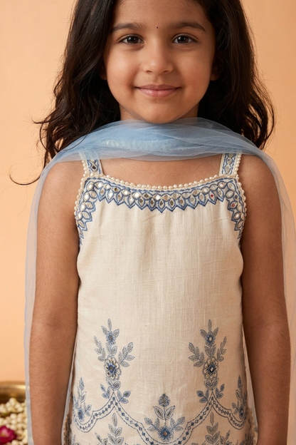 Ivory & Powder Blue Embroidered Kurta Set with Dhoti Pants & Dupatta
