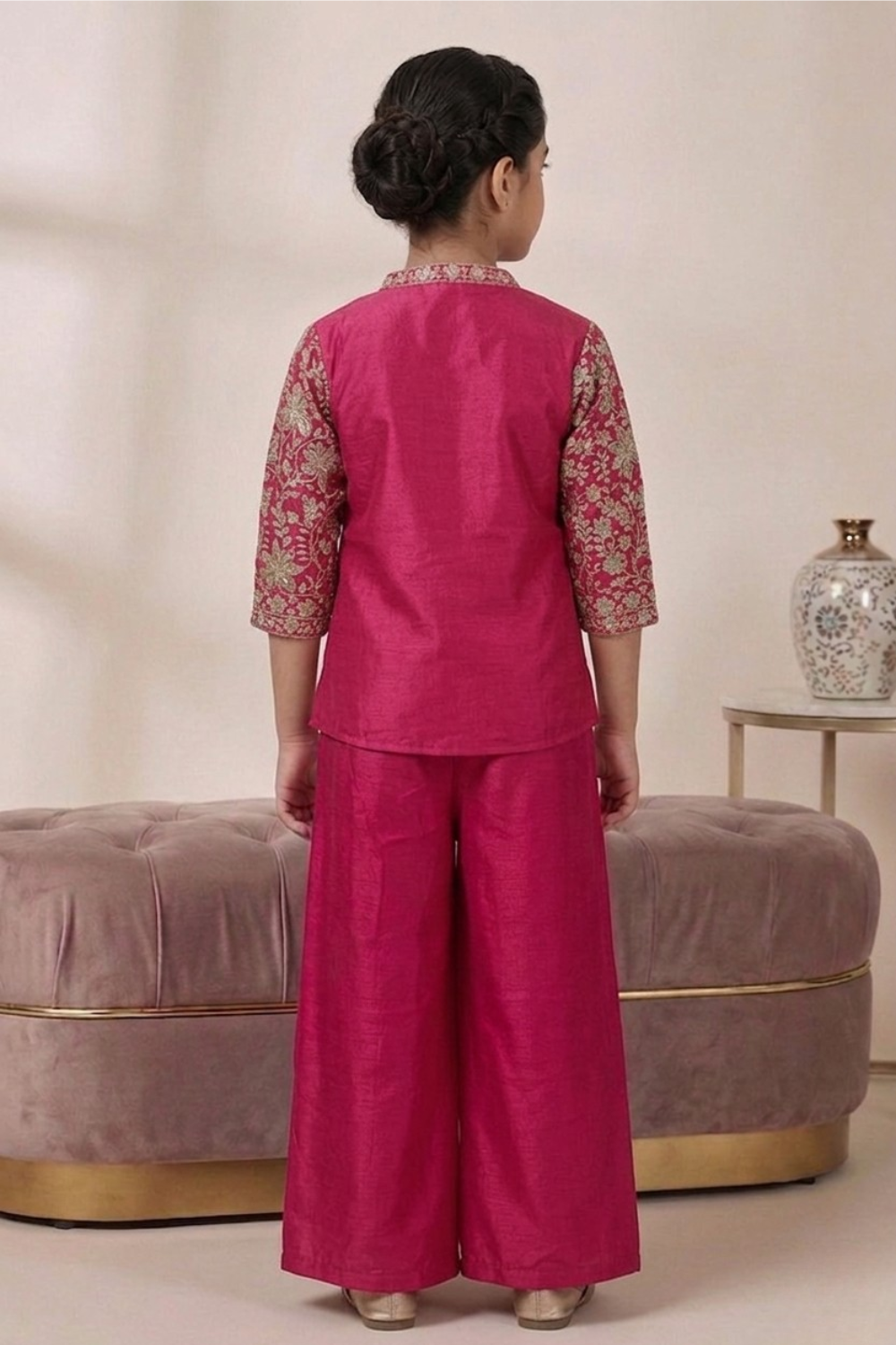 Rani Pink Chinon Palazzo Set with Embroidered Jacket for girls
