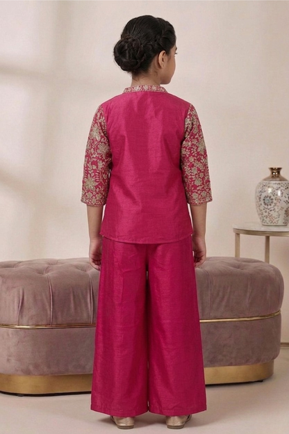 Rani Pink Chinon Palazzo Set with Embroidered Jacket for girls
