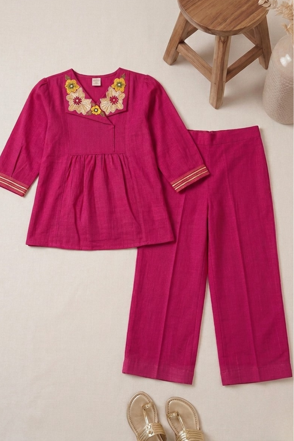 Raspberry Pink Embroidered Top & Straight Pant Set for Girls