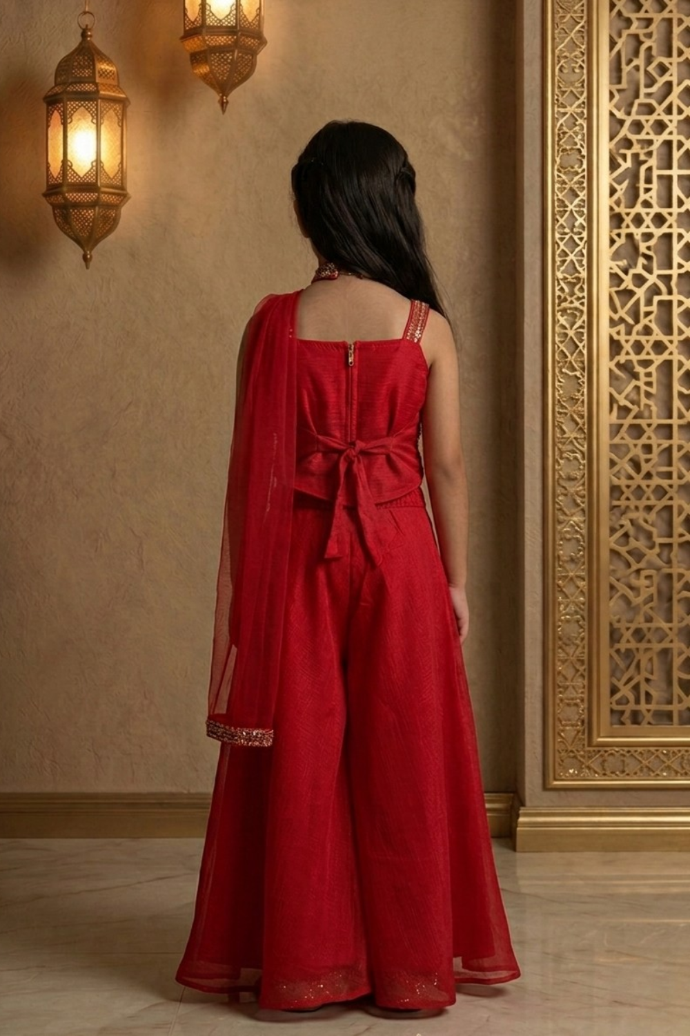 Red Embroidered Crop Top & Palazzo Set for Girls