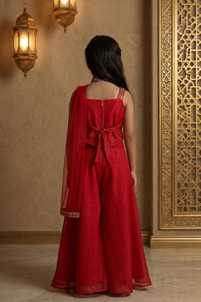 Red Embroidered Crop Top & Palazzo Set for Girls