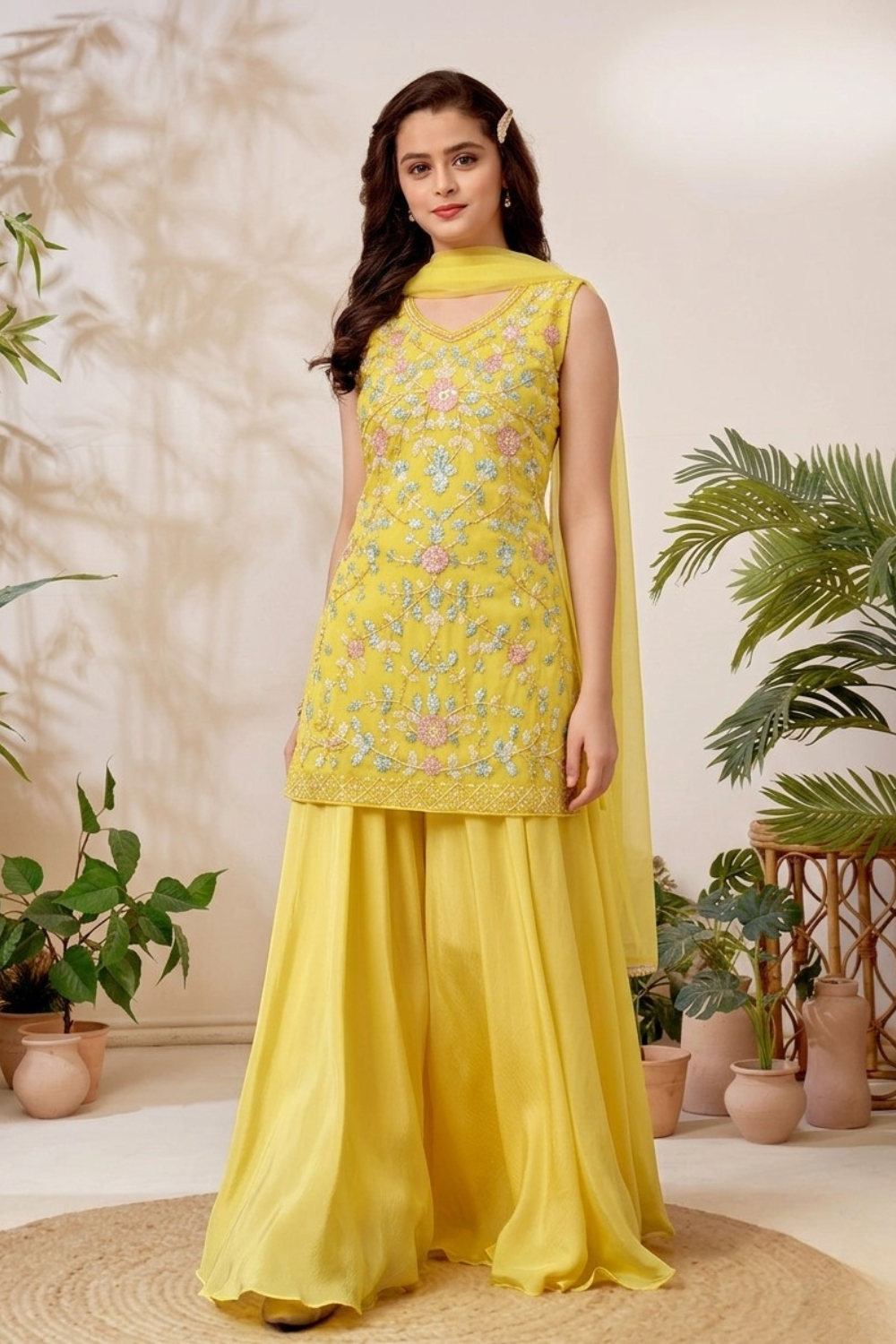 Mustard Yellow Embroidered Crop Top & Palazzo Set for Girls
