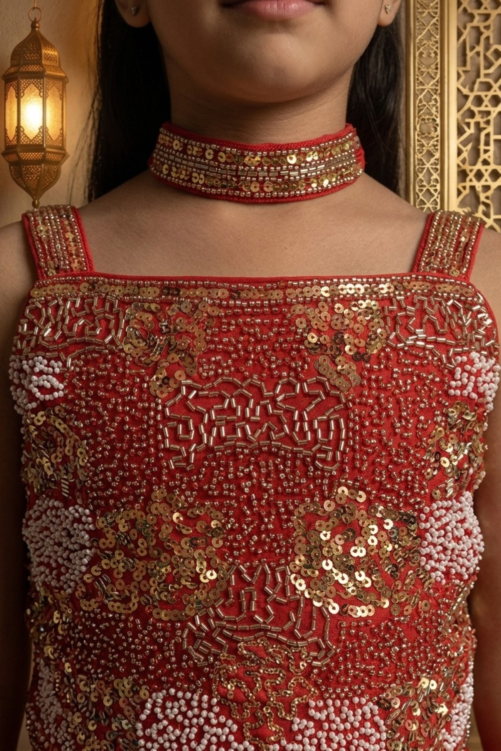 Red Embroidered Crop Top & Palazzo Set for Girls