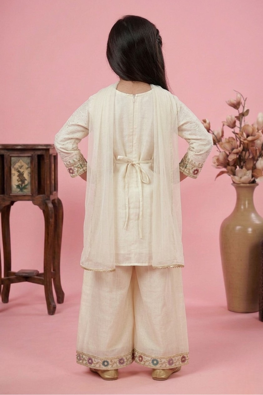 Ivory Chinon Embroidered Kurta & Palazzo Set for Girls with Dupatta