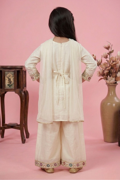 Ivory Chinon Embroidered Kurta & Palazzo Set for Girls with Dupatta