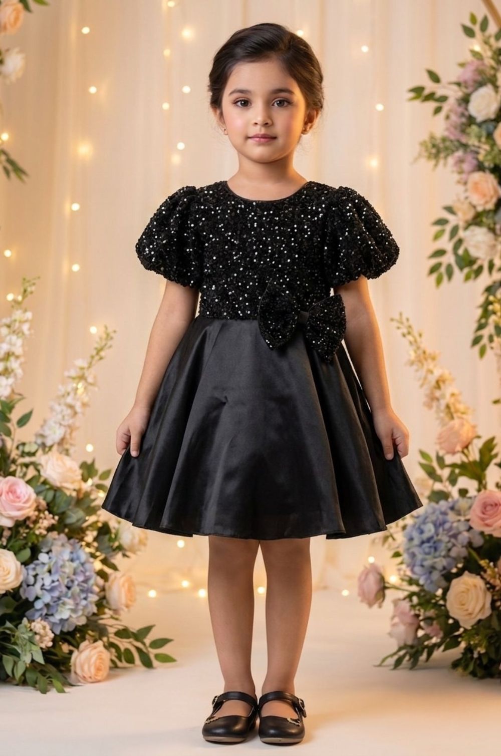 Girls Black Sequin Party Frock with Puff Sleeves & Velvet Bow
