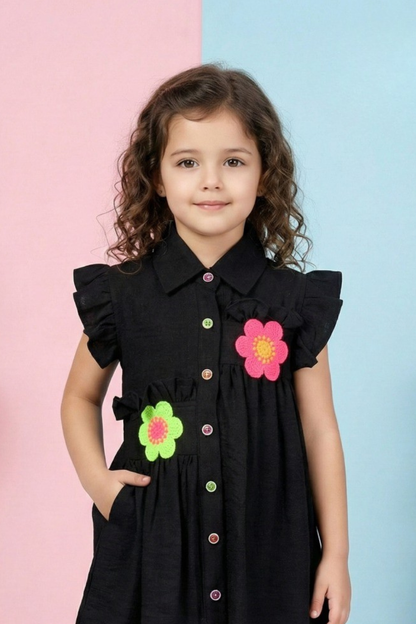 Black Floral Appliqué Dress for Girls