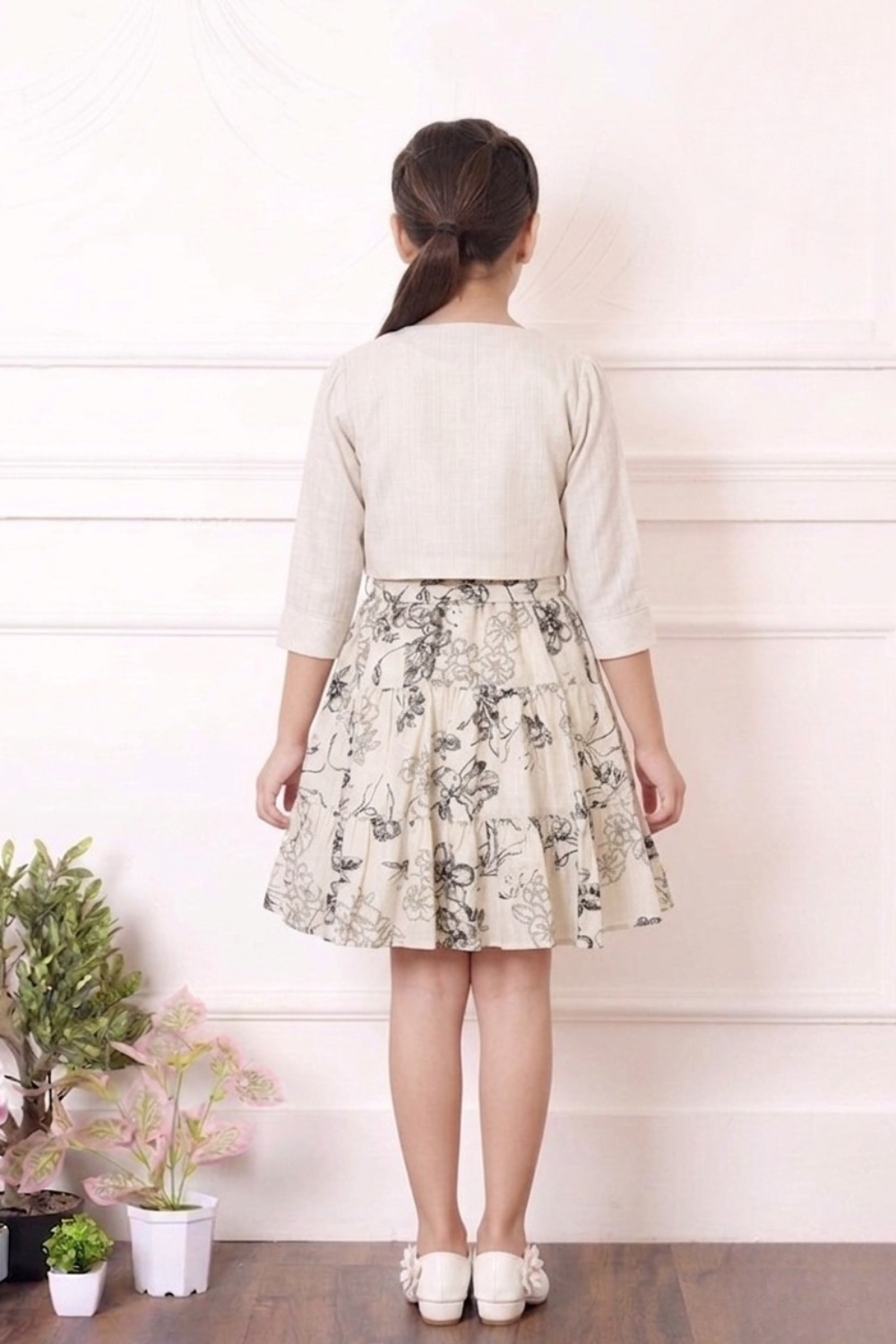 Beige Floral Cotton Linen Dress with Embroidered Jacket for Girls
