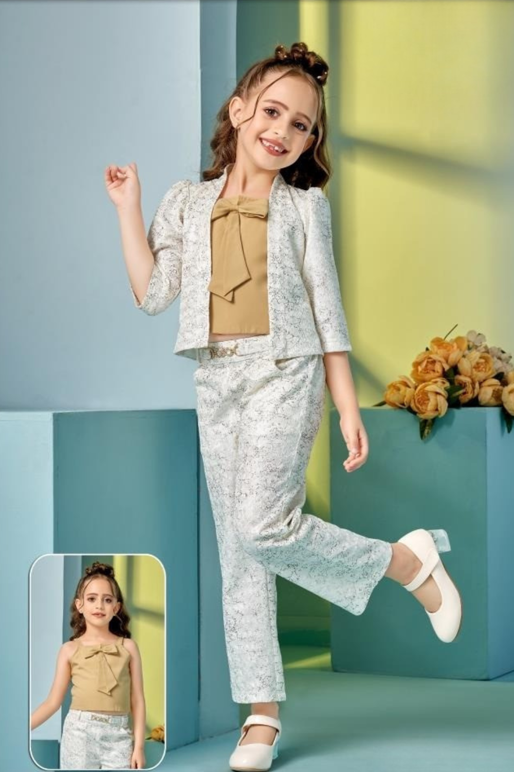Beige Top with Printed Jacket & Palazzo Set for Girls – Elegant Western Co-ord