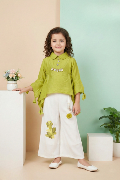 Lime Green Asymmetric Top & White Palazzo Set for Girls – Chic Western Co-ord