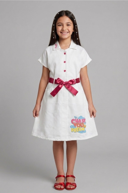 Ivory Shimmer Shirt Dress with Cherry Red Bow Belt for Girls