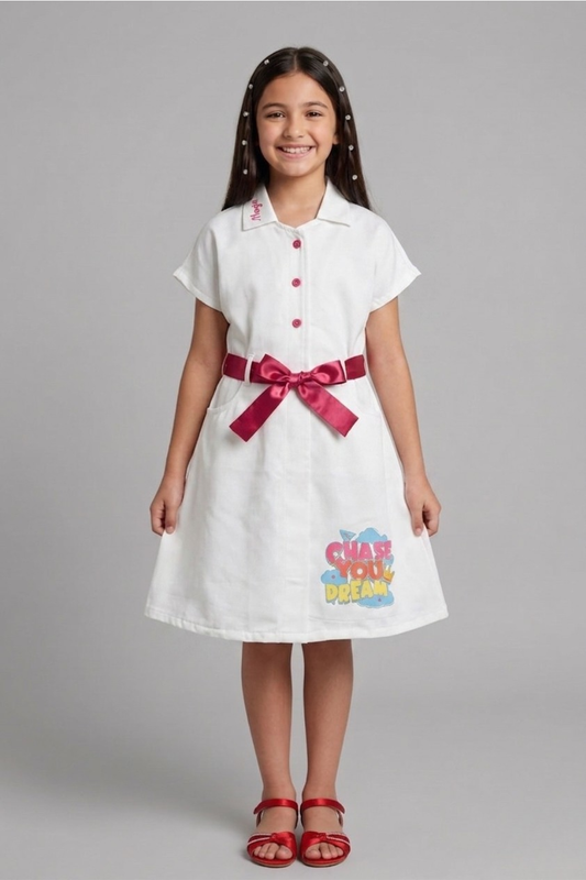 Ivory Shimmer Shirt Dress with Cherry Red Bow Belt for Girls