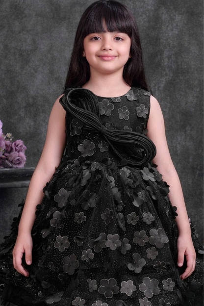 Girls Black Floral Applique Party Frock with Detachable Tail