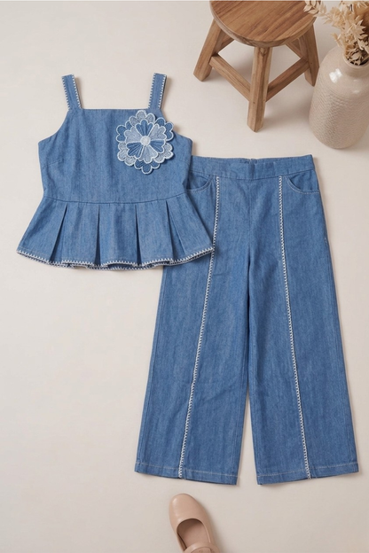 Denim Blue Peplum Top & Palazzo Co-ord Set for Girls