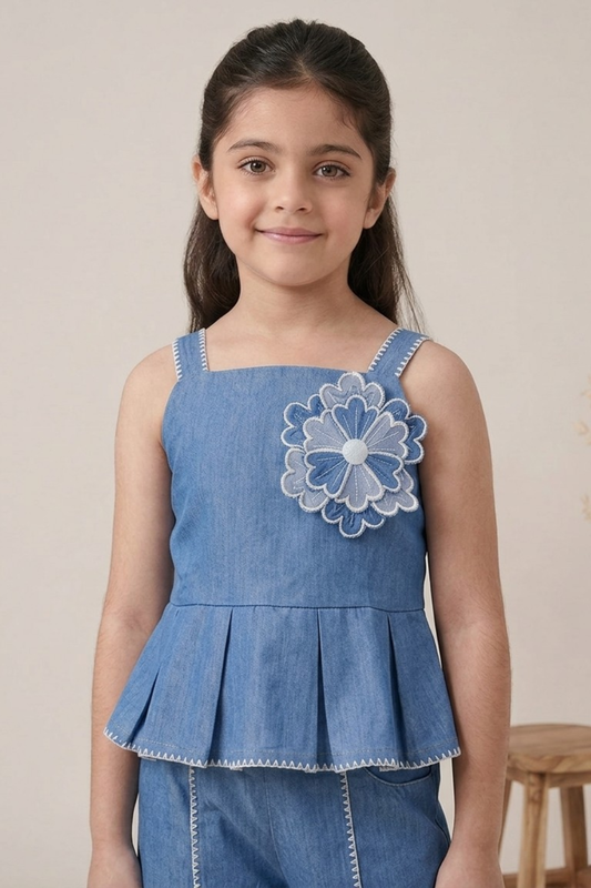 Denim Blue Peplum Top & Palazzo Co-ord Set for Girls