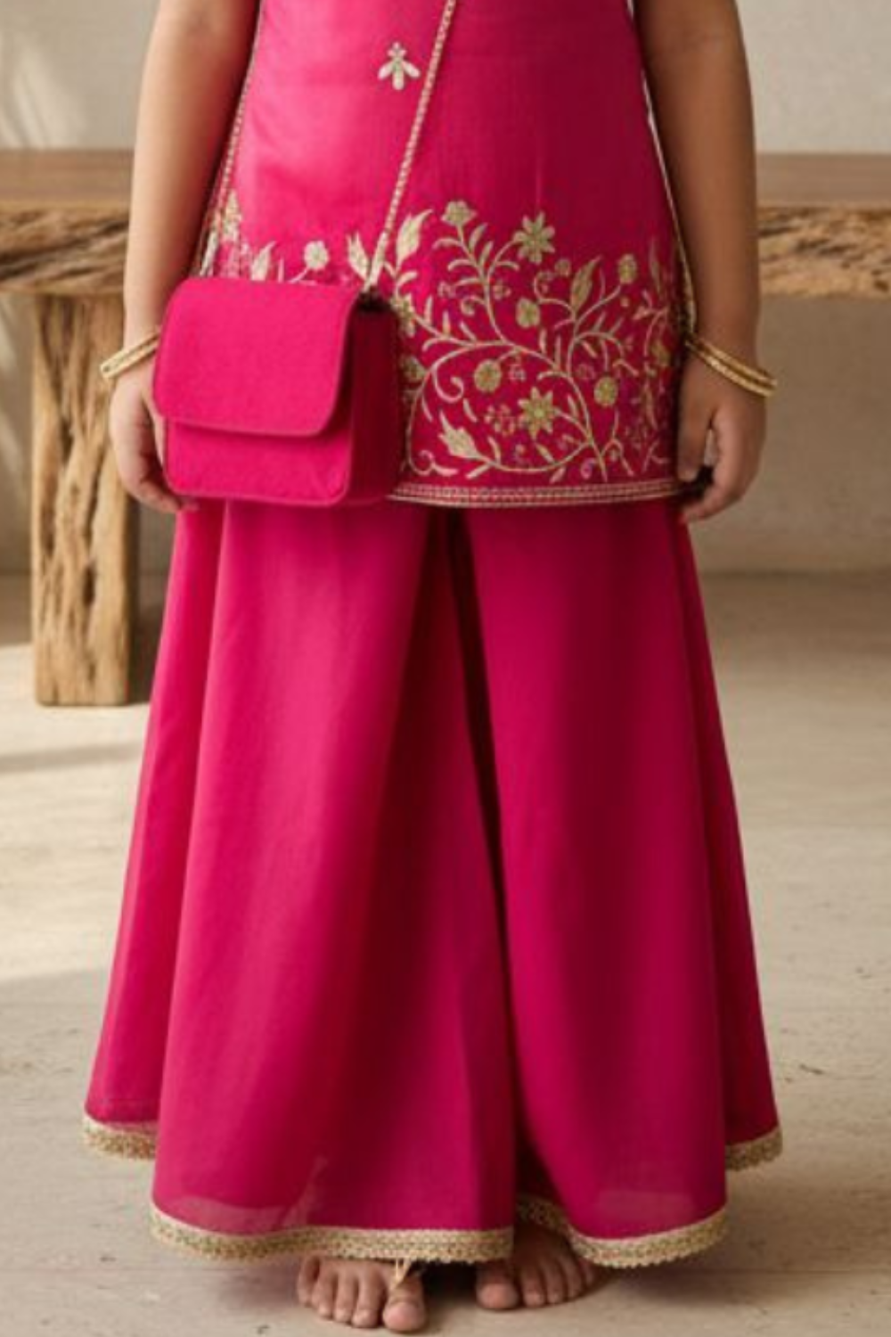 Rani Pink Chinon Embroidered Kurta Set with Flared Palazzo & Sling Bag