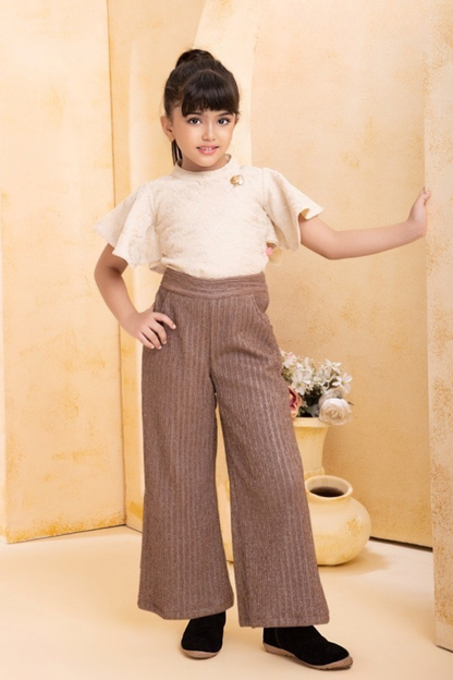 Beige Embroidered Top with Brown Palazzo Set for Girls