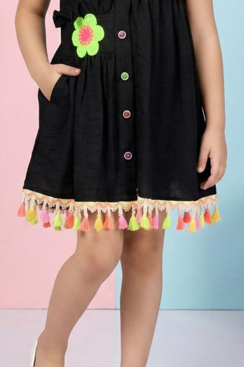 Black Floral Appliqué Dress for Girls